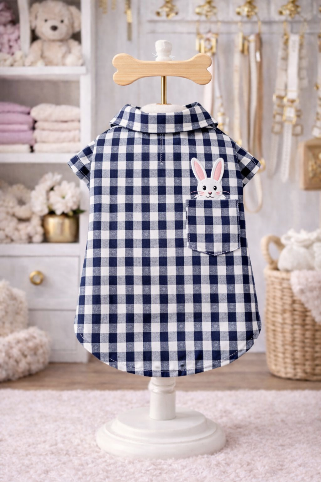 Bunny Pocket Gingham Dog Shirt