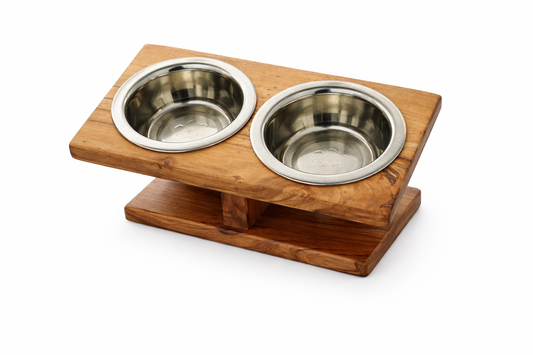 Elevated Wooden Pet Bowl – Double Feeder with Stainless Steel Bowls