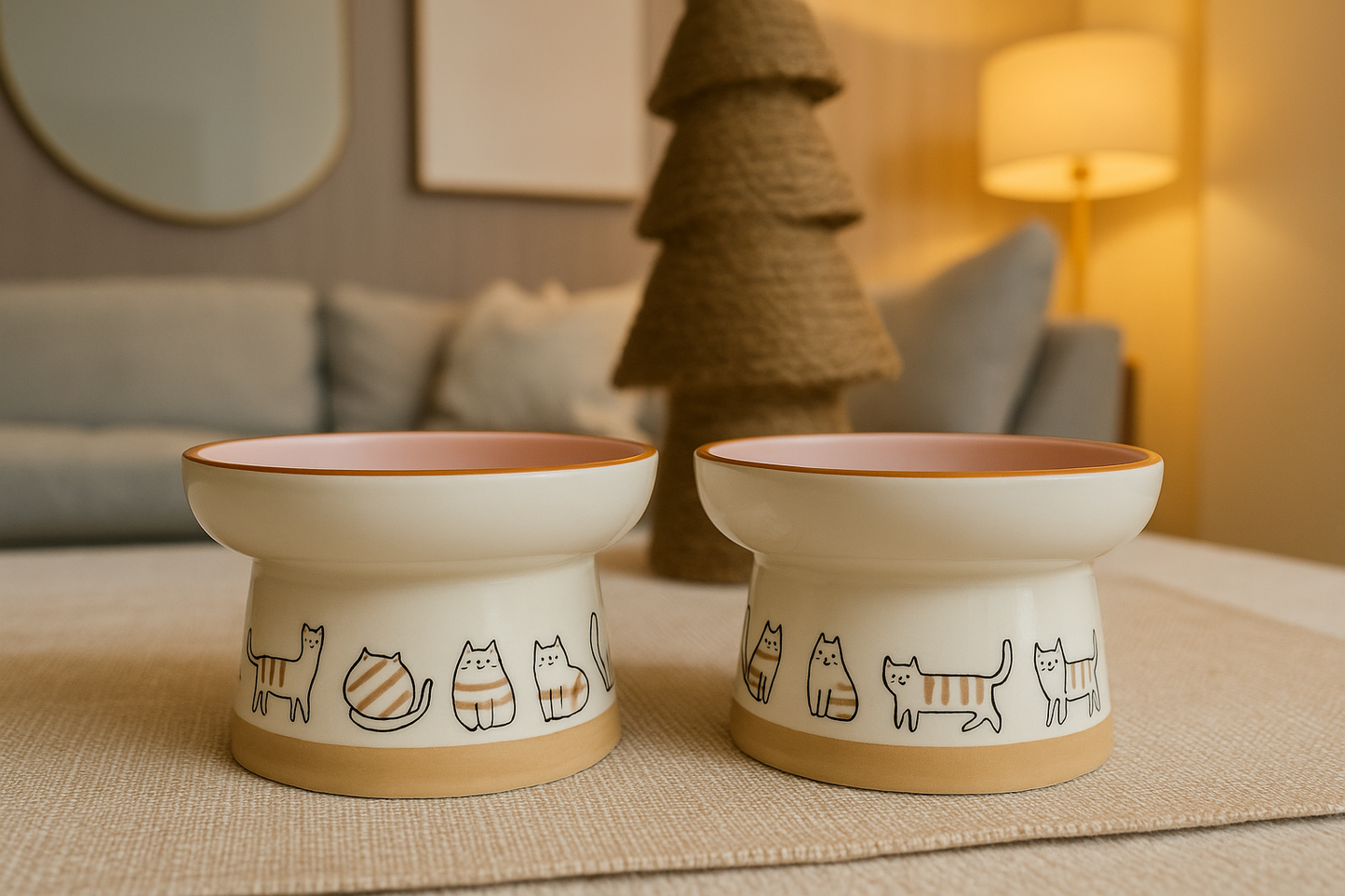 Cute Kitty Design Elevated Ceramic Cat Bowl Set