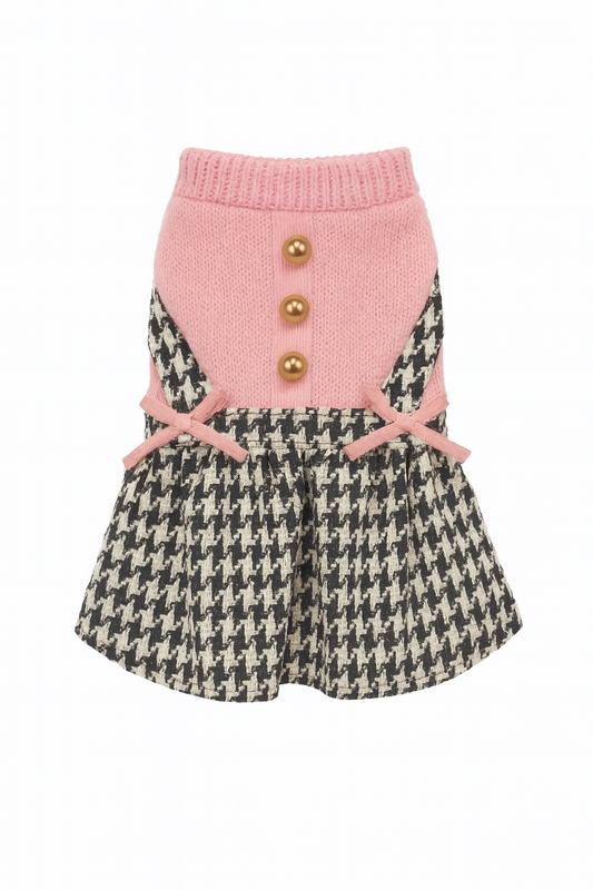 Designer-Inspired Pink Knit & Houndstooth Dog Dress