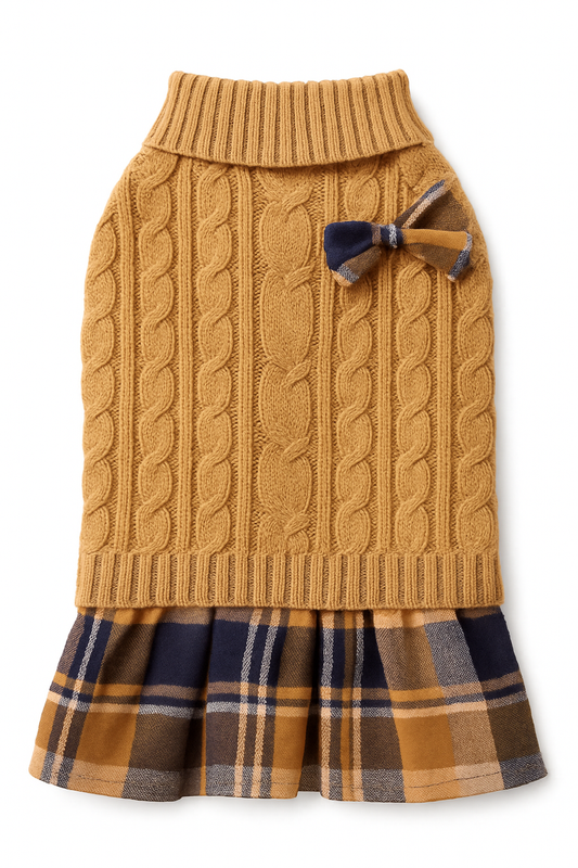 Camel Cable Sweater Dress with Bow