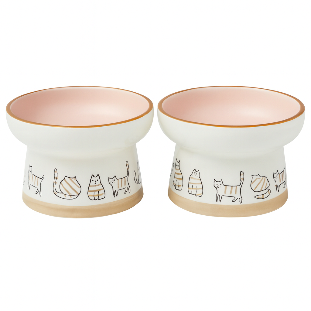 Cute Kitty Design Elevated Ceramic Cat Bowl Set